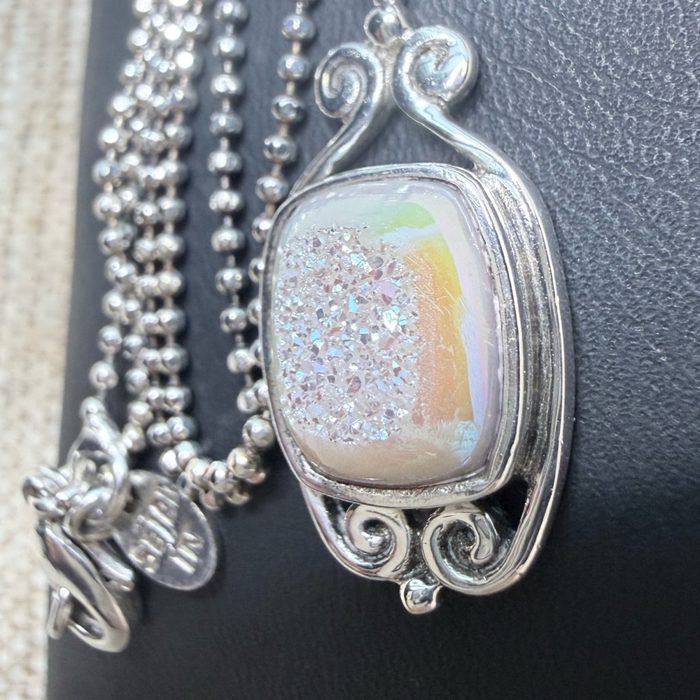 Sajen Iridescent Light Rainbow Druzy and Sterling Silver Necklace 20”
